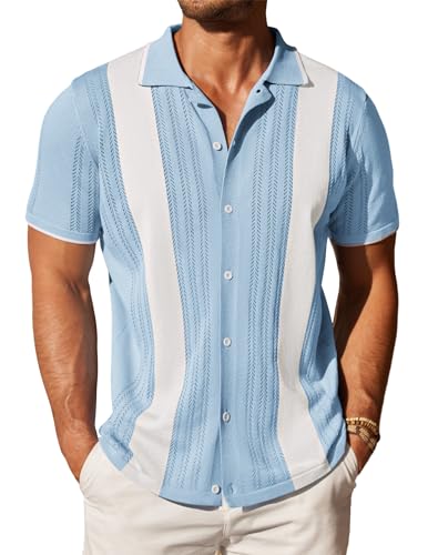 COOFANDY Herren Strickhemd mit Knopfleiste, Vintage, kurzärmelig, Polo-Shirts, lässig, Strand-Top, Z-Streifen – Blau-Weiß, L von COOFANDY