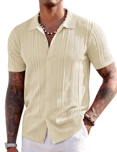 COOFANDY Herren-Strickhemden, kurzärmelig, Button-Down-Poloshirt, modisch, lässig, Sommer, Strand-Shirt, Cream, L von COOFANDY