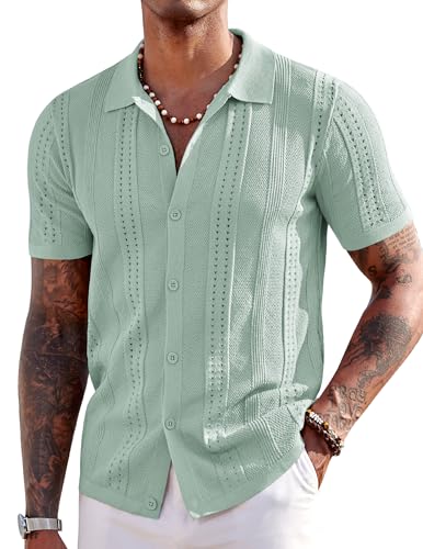 COOFANDY Herren-Strickhemden, kurzärmelig, Button-Down-Poloshirt, modisch, lässig, Sommer, Strand-Shirt, Eisgrün, XX-Large von COOFANDY