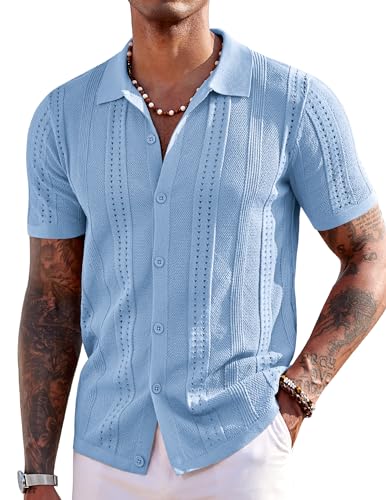 COOFANDY Herren Strickhemden Kurzarm Button Down Polo Shirt Mode Casual Strand Kubanische Hemden, Hell, blau, 3X-Groß von COOFANDY