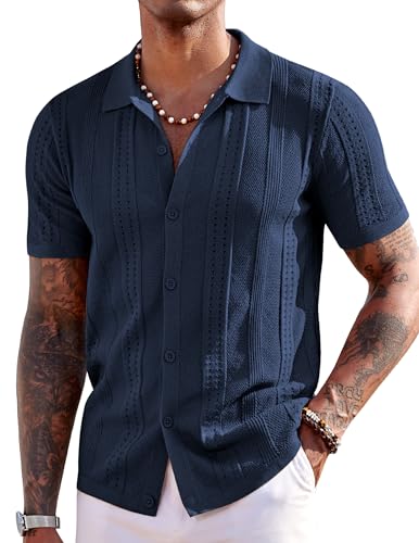 COOFANDY Herren-Strickhemden, kurzärmelig, Button-Down-Poloshirt, modisch, lässig, Sommer, Strand-Shirt, Marineblau, Mittel von COOFANDY