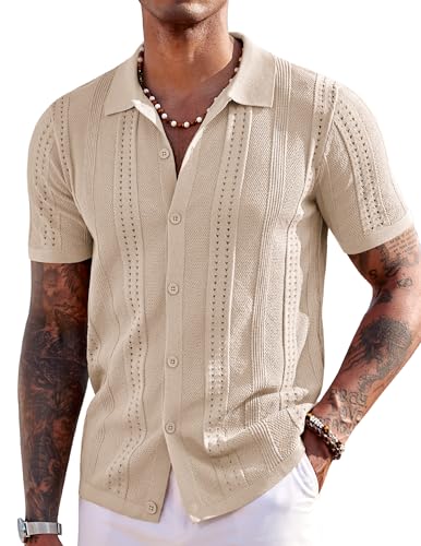 COOFANDY Herren-Strickhemden, kurzärmelig, Button-Down-Poloshirt, modisch, lässig, Sommer, Strand-Shirt, aprikose, L von COOFANDY