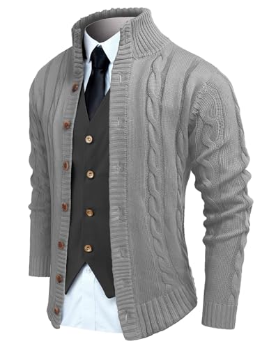 COOFANDY Herren Strickjacke Pullover Slim Fit Stehkragen Cardigan Casual Zopfmuster Button Down Pullover mit Taschen, grau, Groß von COOFANDY