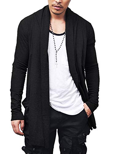 COOFANDY Herren-Strickjacke mit Rüschen und Schalkragen, vorne offen, leicht, lang, mit Taschen, schwarz, L von COOFANDY