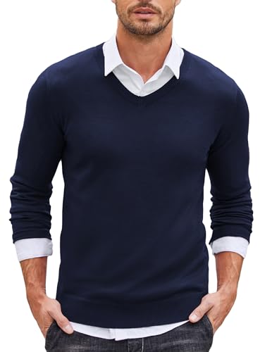 COOFANDY Herren Strickpullover Slim Fit Pullover V Ausschnitt Feinstrick Sweater Schmale Passform Marine L von COOFANDY