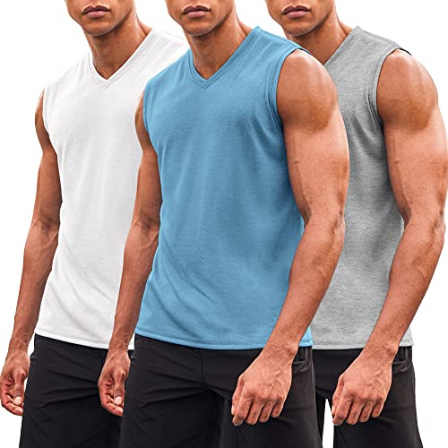 COOFANDY Herren-Tank-Tops, ärmellos, V-Ausschnitt, Bodybuilding, Muskel-T-Shirt, 3er-Pack, Hellblau/Weiß/Mittelgrau, XL von COOFANDY