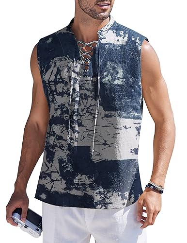 COOFANDY Herren Tanktops aus Baumwolle und Leinen, ärmellos, Schwarz, Batikfärbung - Marineblau, L von COOFANDY