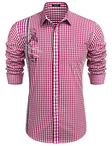 COOFANDY Herren Trachtenhemd Slim Fit Kariertes Hemd Langarm mit Bestickt Oktoberfest Trachten Hemd für Männer Rose L von COOFANDY