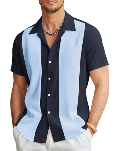 COOFANDY Herren Vintage Bowling Shirt Kurzarm Button Down Sommer Kuba Beach Shirts, Blau Hellblau, L von COOFANDY