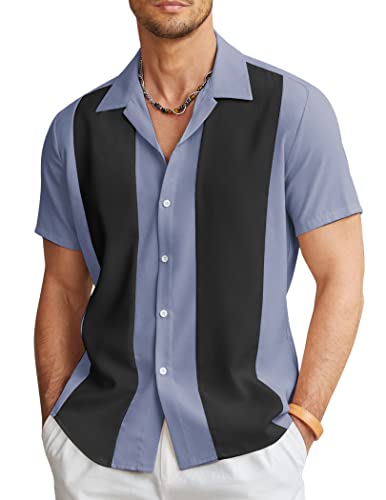 COOFANDY Herren Vintage Bowling Shirt Kurzarm Button Down Sommer Kuba Beach Shirts, Hellblau / Schwarz, Mittel von COOFANDY