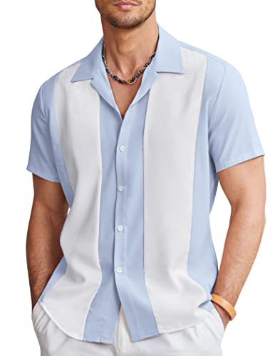 COOFANDY Herren Vintage Bowling Shirt Kurzarm Button Down Sommer Kuba Strand Shirts, Hellblau / Weiß, XX-Large von COOFANDY