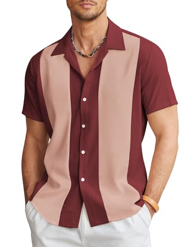 COOFANDY Herren Vintage Bowlingshirt Kurzarm Button Down Sommer Kuba Strand Shirts, Datum, Rot, Rosa, L von COOFANDY