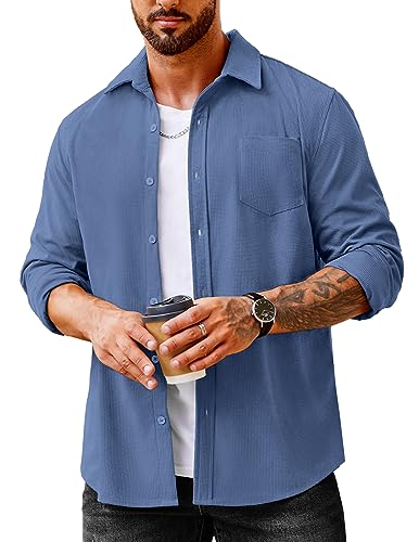 COOFANDY Herren Waffel Button Down Shirts Casual Langarm Shacket Jacke mit Taschen, Denim Blau, M von COOFANDY