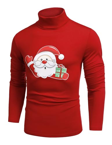 COOFANDY Herren Weihnachtspullover 3D Druck Weihnachts Pullover Norwegerpullover Christmas Sweater Rollkragenpullover Rollkragenshirt Party Weihnachtsmannrot 2XL von COOFANDY