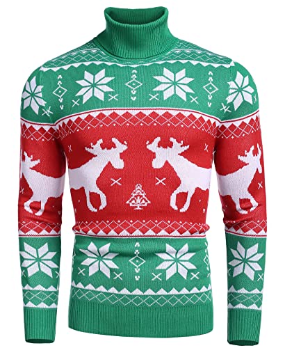 COOFANDY Herren Weihnachtspullover Rollkragenpullover Christmas Sweater Norweger Pullover Rollkragen Norwegerpullover Feinstrick Strickpullover Turtleneck Weihnachtsgrün XL von COOFANDY
