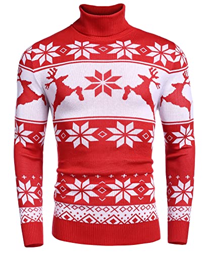 COOFANDY Herren Weihnachtspullover Strickpullover Rollkragenpullover Norweger Pullover Winterpullover für Männer Winter Pullover Warme Turtleneck Weihnachtsrot L von COOFANDY