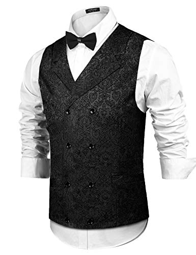 COOFANDY Herren Weste, viktorianisch, Steampunk, zweireihig, schmale Passform, Brokat, Paisleymuster, Blumenmuster, Schwarz, XXX-Large von COOFANDY