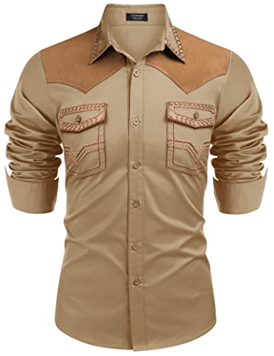 COOFANDY Herren Western Cowboy Hemd Bestickt Langarm Slim Fit Casual Baumwolle Button Down Hippie Shirts mit Taschen, Hellkhaki, XL von COOFANDY