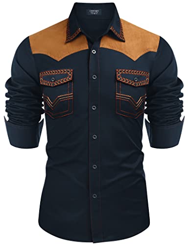 COOFANDY Herren Western-Cowboy-Hemd, bestickt, langärmelig, schmale Passform, lässig, Baumwolle, Button-Down-Hippie-Shirt, mit Taschen, Marineblau, XX-Large von COOFANDY