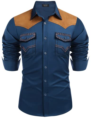 COOFANDY Herren Western Cowboy Shirt Bestickt Langarm Slim Fit Casual Baumwolle Button Down Hippie Shirts mit Taschen, Blau, XX-Large von COOFANDY