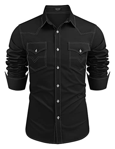 COOFANDY Herren Western Cowboy Shirts Langarm Baumwolle Casual Button Down Arbeitshemd mit Taschen, Black, XX-Large von COOFANDY