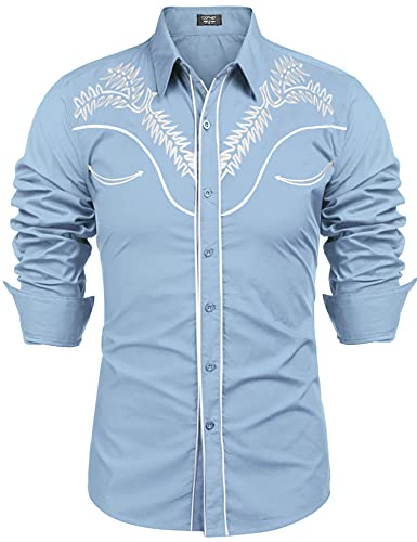 COOFANDY Herren Westernhemden Langarm Slim Fit Stickereien Cowboy Casual Button Down Shirt, Light Blue, Klein von COOFANDY