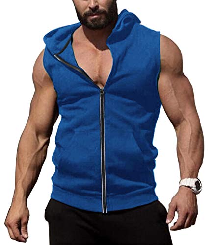 COOFANDY Herren-Tanktop mit Kapuze und Reißverschluss, Bodybuilding, Fitness, Muskel-T-Shirt, ärmellos, Fitness-Kapuzenpullover, Blau (Snorkel Blue), L von COOFANDY