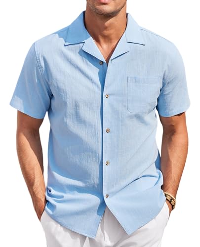 COOFANDY Herrenhemd Kurzarm Casual Leinenhemd Sommer Button Down Leinen Shirt Urlaub Hochzeit Strandhemd Baumwolle Hellblau XXL von COOFANDY