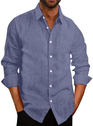 COOFANDY Herrenhemden Langarm Herren Hemd Langarmhemd Leinenhemd Freizeithemden Sommerhemden Casual Business Hemd Urlaub Bequem Regular Fit Blau XXL von COOFANDY