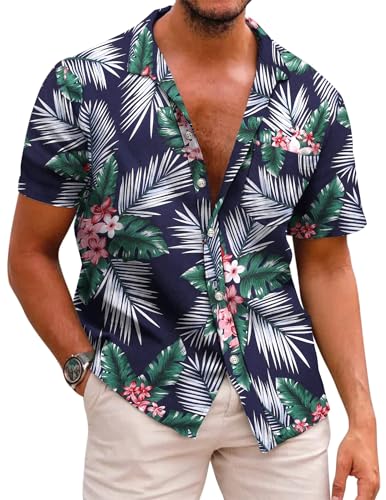 COOFANDY Herrenhemden Kurzarm Herren Hawaii Hemd Baumwolle Strandhemd Sommer Hemd Regular Fit Bügelfrei Button Down Kurzarm Hawaii Shirt B-Palmblätter XL von COOFANDY