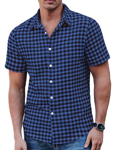 COOFANDY Kariertes Hemd Herren Kurzarm Freizeithemden Männer Sommerhemd Baumwolle Regular Fit Große Größen Blau Schwarz 4XL von COOFANDY