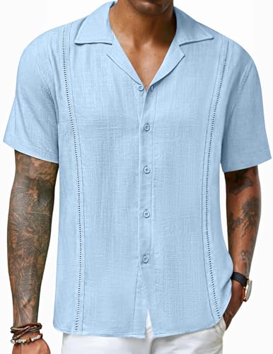 COOFANDY Kurzarmhemd Herren Guayabera Leinen Regular Fit Freizeithemd Sommerhemd Cuban Beach Shirts Hellblau XXL von COOFANDY