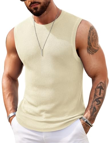 COOFANDY Lässiges Strick-Tanktop für Herren, Rundhalsausschnitt, ärmellos, Muskel-T-Shirt, Sommer, Strand, Cream, Mittel von COOFANDY