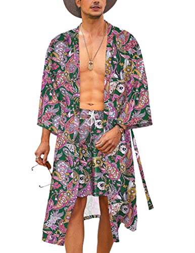 COOFANDY Leichter 2-teiliger Kimono-Bademantel mit Shorts, japanische 3/4-Ärmel, lässige offene Vorderseite, lange Strickjacke mit Gürtel, Grün (Paisley-Druck), Large von COOFANDY