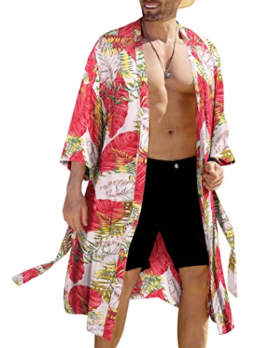 COOFANDY Leichter Herren-Kimono-Bademantel, japanische Bademäntel, vorne offen, lange Strickjacke, Umhang mit Gürtel, Weiße und rosa Blätter, X-Large von COOFANDY