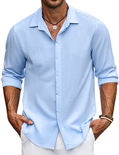 COOFANDY Leinenhemd Hemd Herren Langarm Herren Sommerhemd Herrenhemd Freizeithemd Casual Regular Fit Shirt Herbst Hellblau L von COOFANDY