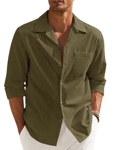 COOFANDY Herren Hemd Langarm Baumwolle Freizeithemd Businesshemd Leinenshirt Leinenhemd Sommer Hemd Strand Casual Regular Fit Shirt Armeegrün S von COOFANDY