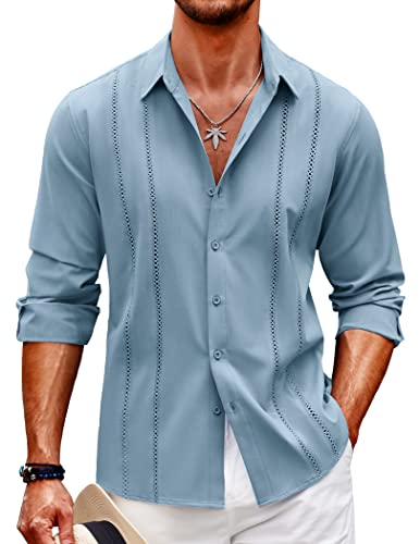 COOFANDY Leinenhemd Herren Hemd Langarm Regular Fit Leinenhemd Sommer Freizeithemd Casual Strand Hemden Blau S von COOFANDY