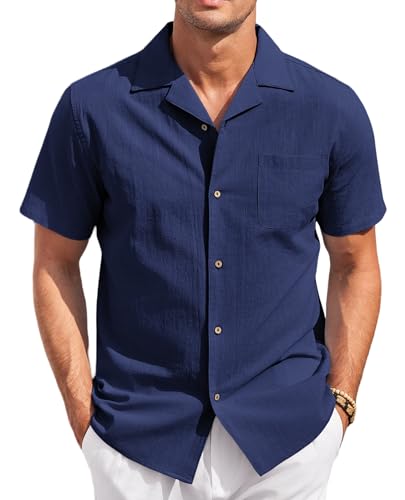 COOFANDY Leinenhemd Herren Kurzarm Freizeithemd Herren Hemd Regular Fit Men Casual Shirt Sommer Hemd Party Urlaub Hemd Navyblau M von COOFANDY