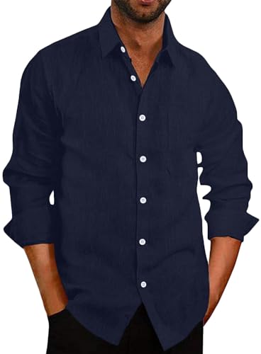 COOFANDY Leinenhemd Herren Langarm Business Hemden Leinen Freizeithemd Langarmhemd Sommerhemd Casual Strandhemd Hemden Männer Regular Fit Navy blau S von COOFANDY