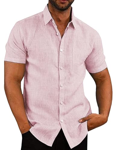 COOFANDY Leinenhemd Kurzarm Herren Hemd Kurzarm Sommerhemden Sommer Freizeithemd Leinen Kurzarmhemd Einfarbig Shirts Strand Hemd Surf Urlaub Rosa S von COOFANDY