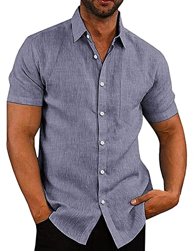 COOFANDY Leinenhemd Kurzarm Herren Hemden Sommer Strandhemd Kurzarmhemd Freizeithemd Businesshemd Blau 3XL von COOFANDY