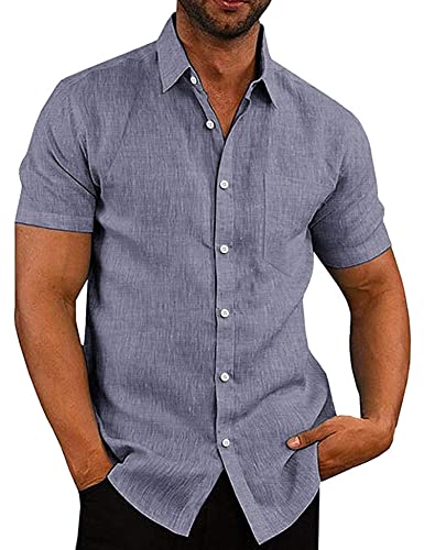 COOFANDY Leinenhemd Kurzarm Herren Hemden Sommer Strandhemd Kurzarmhemd Freizeithemd Businesshemd Blau L von COOFANDY