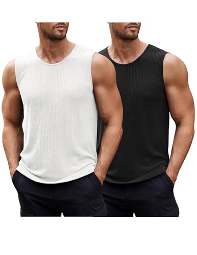 COOFANDY Muskel T-Shirts Tank Tops Ärmellose Herren Casual 2 Pack Sommer Tank Gerippt Stricken Tops 2 Stück Schwarz/Weiß L von COOFANDY