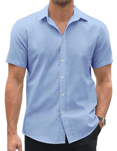 COOFANDY Oxford Hemd Herren Kurzarm Leinenhemd Baumwolle Hemd Regular Fit Casual Shirt Freizeithemd Hellblau XL von COOFANDY