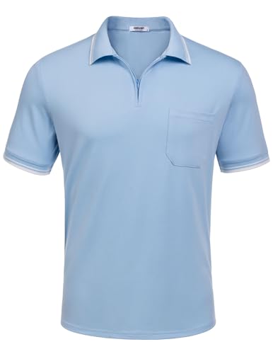 COOFANDY Poloshirt Herren Kurzarm Golf Poloshirts mit Tasche Polo Tshirt Basic Herren T-Shirt Polohemd Sommer Einfarbig T-Shirt Business Oberteil Slim Fit A-Hellblau M von COOFANDY