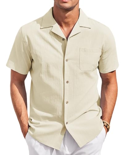 COOFANDY Sommerhemd Herren Kurzarm Leinenhemd Regular Fit Freizeithemd Button Down Casual Strandhemd Baumwolle Beige S von COOFANDY