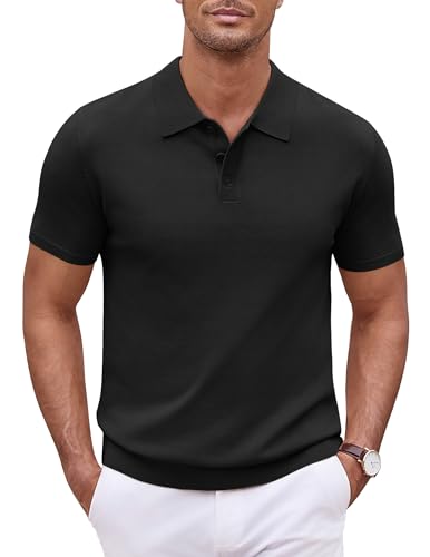 COOFANDY Strick Poloshirt für Herren Classic Männer Kurzarm Golf Polo Shirt T Shirts Sportshirt BasicShirt Schwarz XXL von COOFANDY