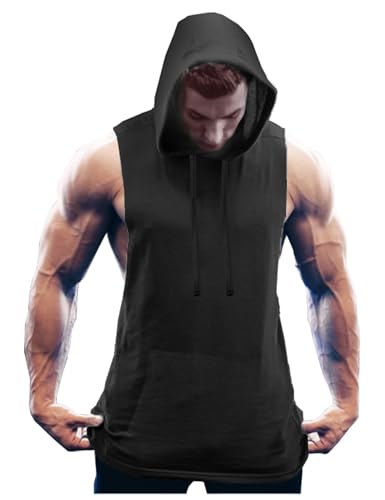 COOFANDY Tank Top Herren Fitness Shirts Workout Sport Fitness Hoodie Muskelshirt mit Handytaschen Muskel Shirt Sport Tshirts Kapuzenpullover Schwarz(1 Stück) XL von COOFANDY