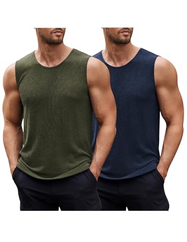 COOFANDY Tank Tops Ärmellose Lässige Sommer Strand Tank Shirts Herren 2 Pack Rippenstrick 2 Stück Marine/Armee Grün L von COOFANDY